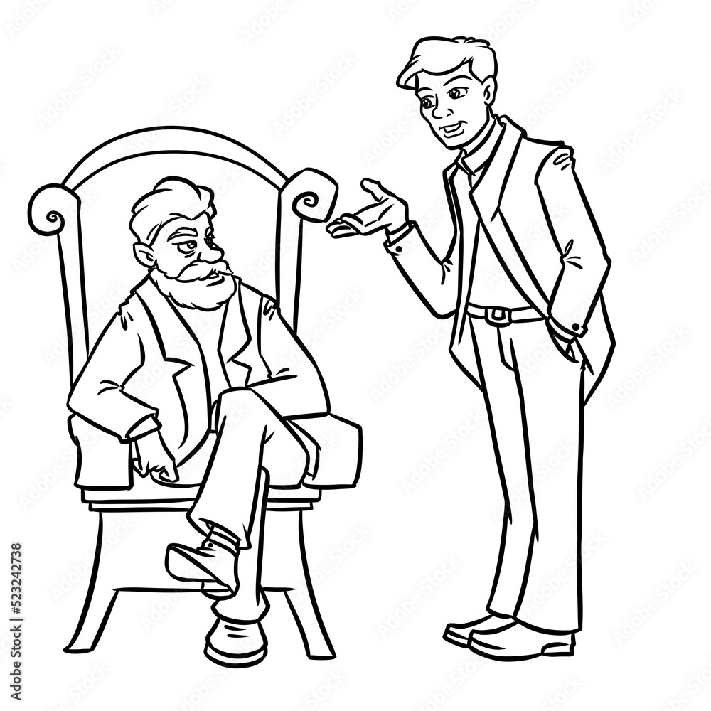 Father talking to son retro photo old scrapbook cartoon illustration coloring page