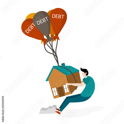 foreclosed homes , real estate crisis. Houses float in the sky with debt balloons. And men try to prevent or curb.