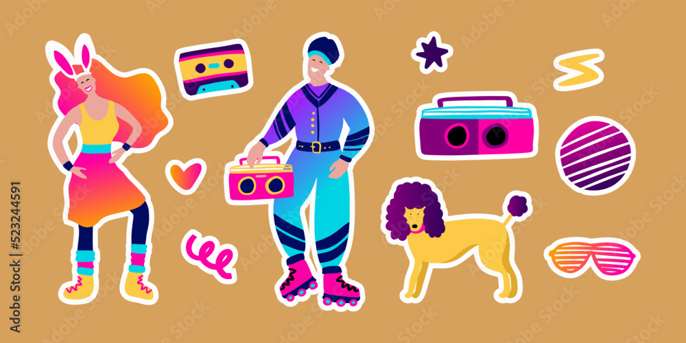 80s retro music party sticker set. Groovy funky character disco dance roller skates cartoon collection 80s retro music party sticker set. Groovy funky character disco dance roller skates cartoon collection
