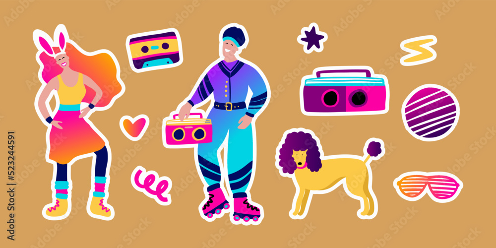 80s retro music party sticker set. Groovy funky character disco dance roller skates cartoon collection