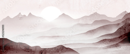 Watercolor art background with mountains and hills in fog and sun. Landscape banner for decoration design, print, interior design, wallpaper.