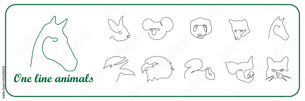 Farm and wild animals one line icons set. Horse, panda, dolphin, pig, eagle, koala, cat, rabbit, squirrel drawings in outline, single line and continuous line Farm and wild animals one line icons set. Horse, panda, dolphin, pig, eagle, koala, cat, rabbit, squirrel drawings in outline, single line and continuous line