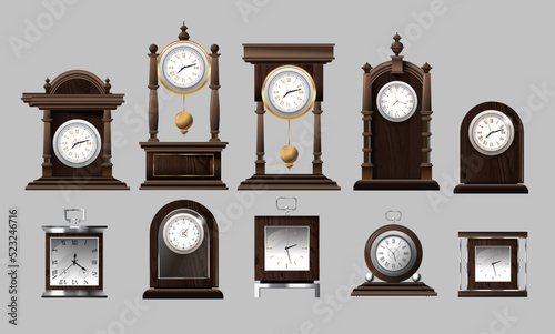 Clock time antique vintage ancient classic old traditional retro. Set of antique old realistic clocks design in detail. Premium Vector