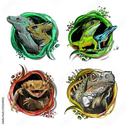 Collection with reptiles and lisard Cartoon. Reptile emblems template vector Illustration
