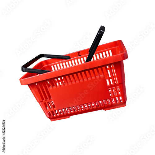 red basket shopping fly grocery supermarket white isolated  with clipping path photo