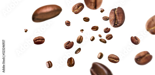Billede på lærred Coffee beans piece fly  isolated on white background  with clipping path