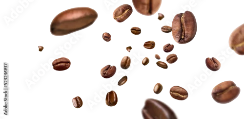 Obraz Coffee beans piece fly isolated on white background with clipping path