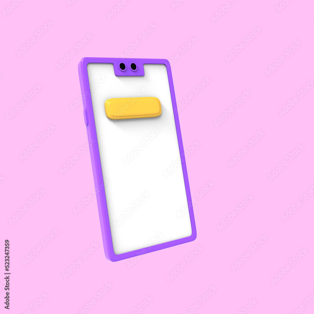 Cartoon purple mobile phone or smartphone with isolated blank yellow search bar Cartoon purple mobile phone or smartphone with isolated blank yellow search bar