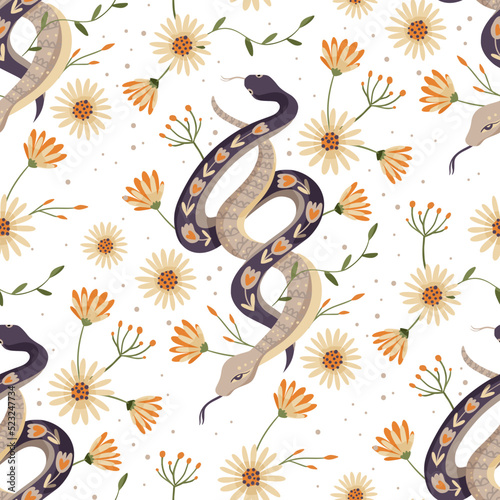 Snake and flower vintage seamless pattern. Tropical animal fabric snake art 