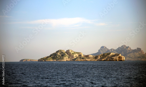 View on the jagged islands  in the distance  over the sea  against the clear sky  Parc National des Calanques  Marseille  France