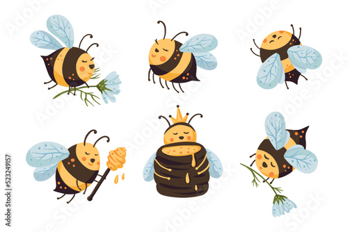 Cute bee cartoon funny vector set. Happy funny adorable character bees © trihubova