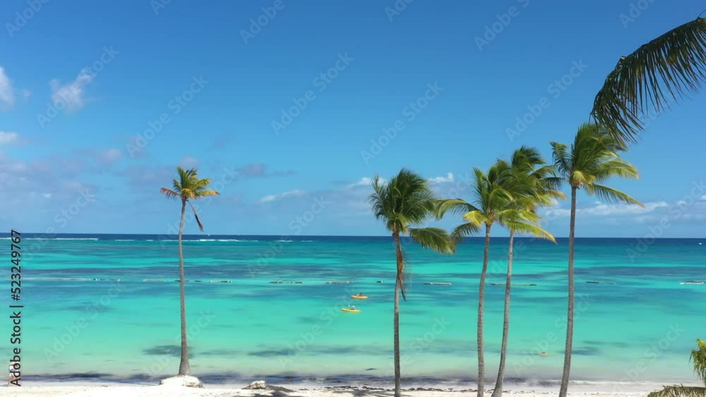 Juanillo beach with palm trees, white sand and turquoise caribbean sea water. Cap Cana is a tourist area in Dominican Republic. Aerial view Juanillo beach with palm trees, white sand and turquoise caribbean sea water. Cap Cana is a tourist area in Dominican Republic. Aerial view