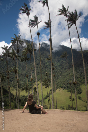 rear view of woman in dress sitting at Cocora waxpalm tree valley, Colombia photo