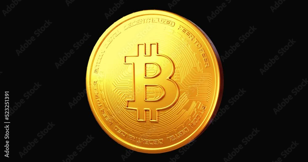 The bitcoin is spinning, the gold coin is spinning around its axis. 3D render of a rotating golden bitcoin on a black background, alpha channel, rotation sign. Crypto coin animation