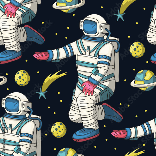 Astronaut seamless space vector pattern. Kids doodle print moon texture platet design