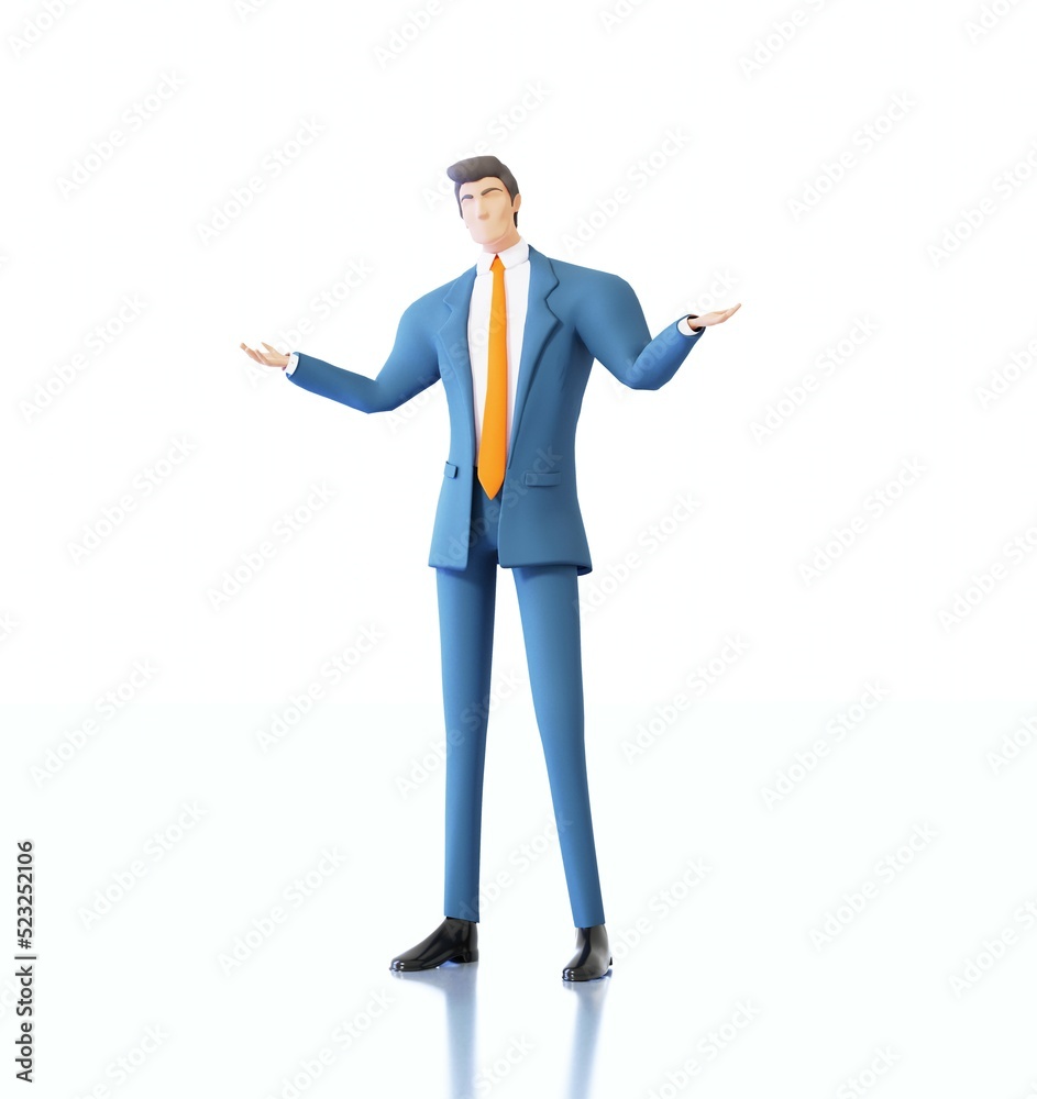 Successful businessman with open hands, questioning, having doubts. 3D rendering illustration 