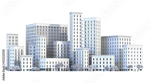 3d rendering illustration of beautiful city buildings. Banks  offices  residential buildings with apartments. City lifestyle  modern town