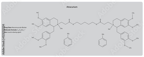 Atracurium (Neuromuscular blocker) . Chemical Structure. Drug class, molecular formula and use. photo