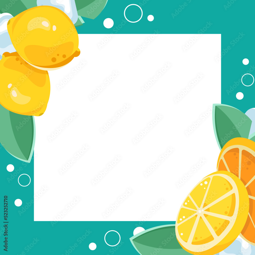 Blue summer square lemon, leaf, ice background frame. flat bright citrus frame. yellow with bubbles
