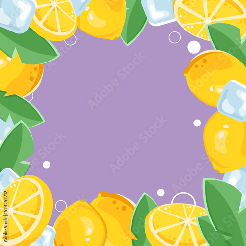 Purple summer lemon, leaf, ice background frame. flat bright citrus frame. yellow