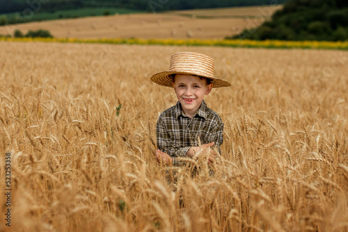 A smiling little farmer boy in a plaid shirt and straw hat poses for a photo in a wheat field. Heir of farmers