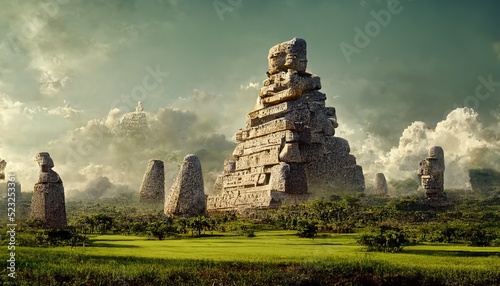 Mysterious ziggurat and high stone monuments in jungles photo
