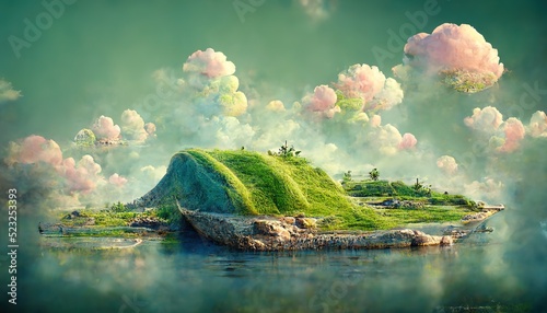 Dreamlike landscape with hilly island against fluffy clouds