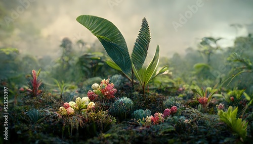 Amazing exotic flowers and plants growing on alien planet photo