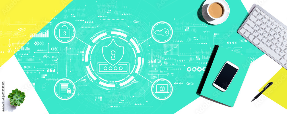 Cyber security theme with a computer keyboard and office items Cyber security theme with a computer keyboard and office items