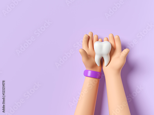 Child's hands holding big white tooth on purple background. Healty care teeth concept. Top view, flat lay. Copy space for your text. 3d render