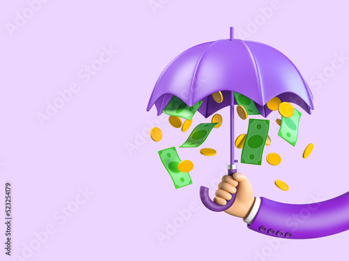Human hand holding umbrella with full money and coins. Concept of attraction coins. Financial metaphor, revealing the concept of cashback and safe money. 3d render