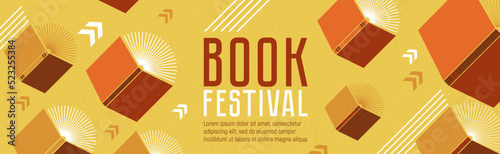 Background with books for library. Open books flying with arrows. Vector minimalism background with textures. Design template for a library, education theme. Concept of striving for success.