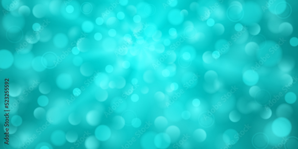 Abstract background in light blue colors with diverging rays of light and small translucent circles with bokeh effect