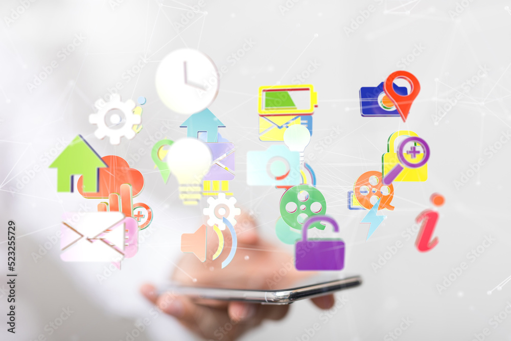 cloud connected to many objects on a virtual screen. cloud connected to many objects on a virtual screen.