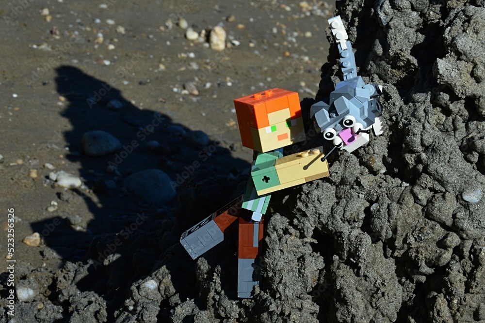 Obraz premium LEGO Minecraft large action figure of Alex character is helping LEGO cat down from tall black sand hill on the summer beach, daylight sunshine.
