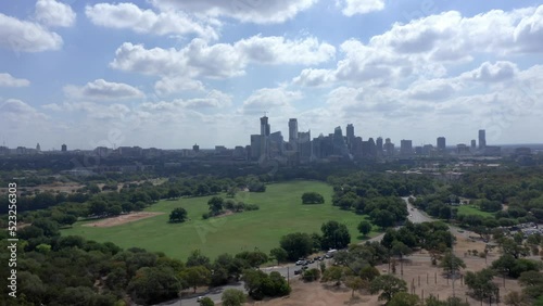 Austin Texas Skyline Aerial Drone shot on sunny day, Texas austin from zilker park photo