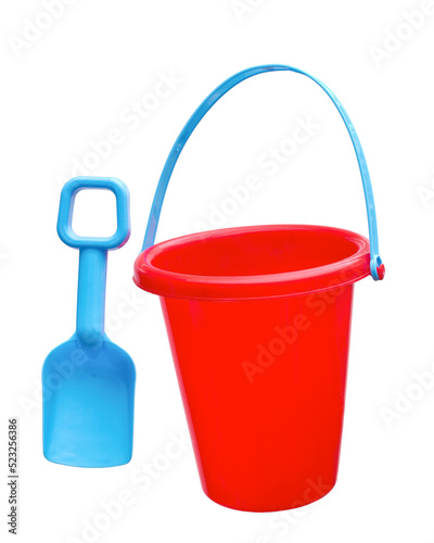 Child's sand bucket and shovel isolated on white