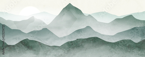 Abstract art background with mountains and hills in green and blue tones in fog. Landscape banner in watercolor style for decoration, print, wallpaper, interior design.