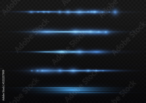 Horizontal light rays, glow speed line, flash blue