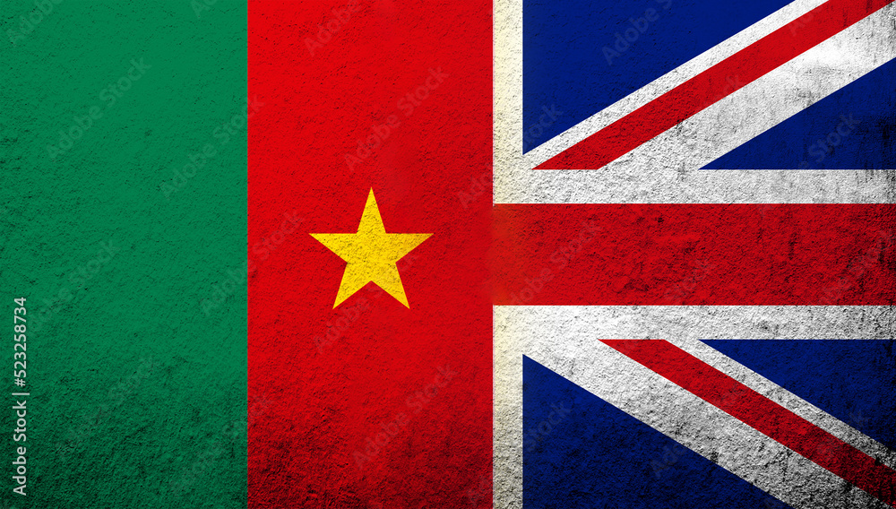Fototapeta premium National flag of United Kingdom (Great Britain) Union Jack with The Republic of Cameroon National flag. Grunge background
