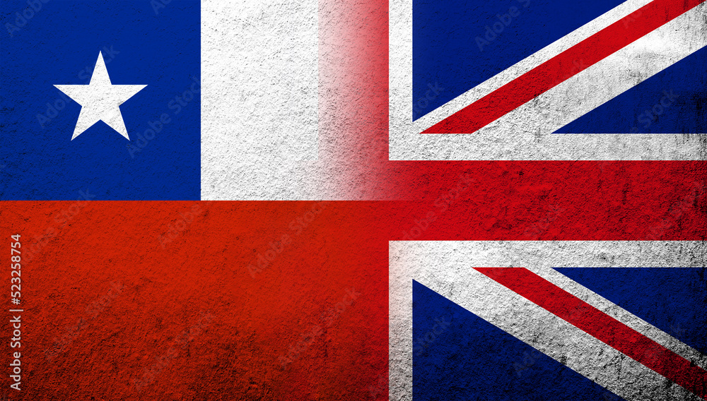 Fototapeta premium National flag of United Kingdom (Great Britain) Union Jack with The Republic of Chile National flag. Grunge background