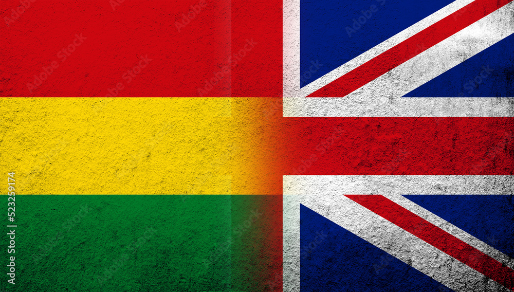 National flag of United Kingdom (Great Britain) Union Jack with Bolivia National flag. Grunge background