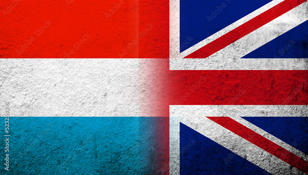 Fototapeta premium National flag of United Kingdom (Great Britain) Union Jack with Luxembourg National flag. Grunge background