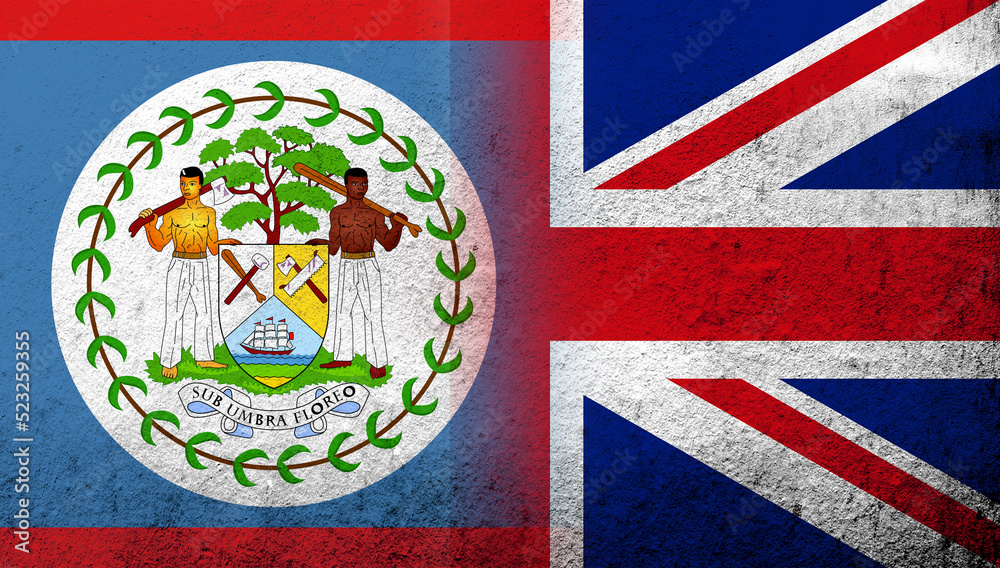 National flag of United Kingdom (Great Britain) Union Jack with National flag of Belize. Grunge background National flag of United Kingdom (Great Britain) Union Jack with National flag of Belize. Grunge background
