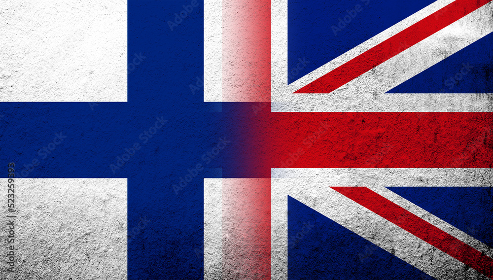 Fototapeta premium National flag of United Kingdom (Great Britain) Union Jack with National flag of Finland. Grunge background