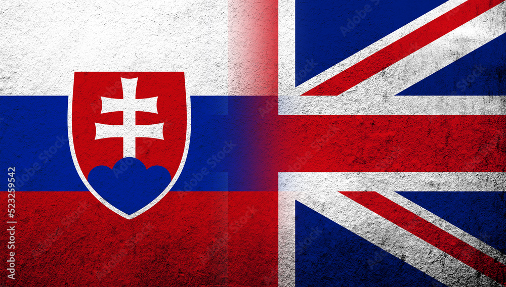 Fototapeta premium National flag of United Kingdom (Great Britain) Union Jack with National flag of Slovakia. Grunge background