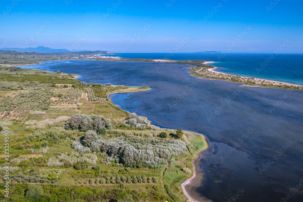 Drone photo of Korission Lake and Ionian Sea, Corfu Island, Greece