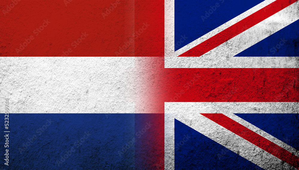 Fototapeta premium National flag of United Kingdom (Great Britain) Union Jack with The Kingdom of the Netherlands National flag. Grunge background