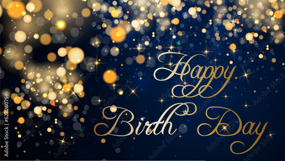 card or banner to wish a happy birthday in gold on a gradient blue background with circles, stars and gold-colored glitter