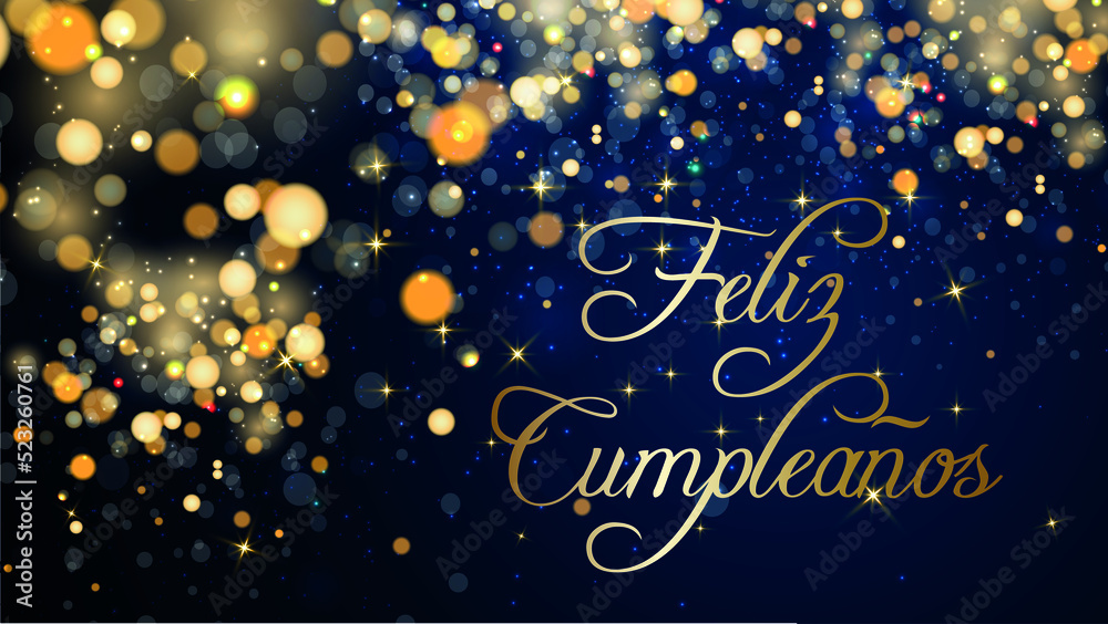 tarjeta o pancarta para desear un feliz cumpleaños en oro sobre un fondo  azul degradado con círculos, estrellas y brillo dorado Illustration Stock